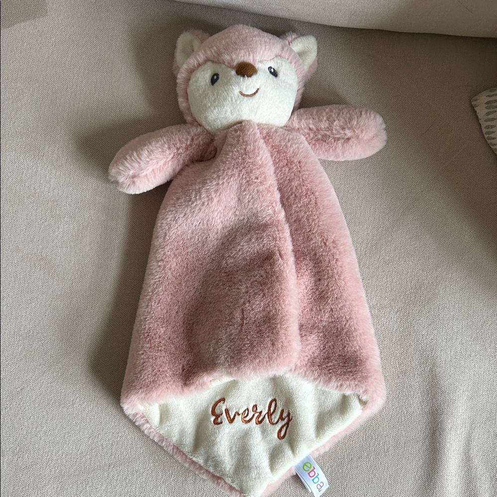 NEW EBBA Super soft Pink Fox Cuddler /Security Blanket‎ with the name (Everly)